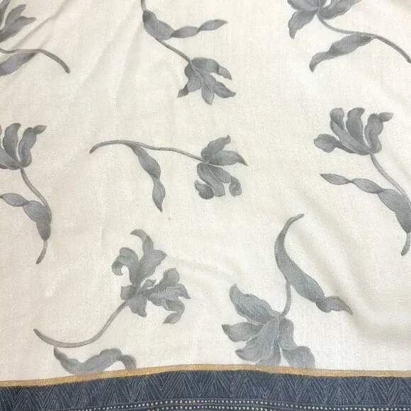 Silk Crepe Square Scarf Taupe Gray Floral Print Hand Rolled 41x41 inches - Picture 11 of 11